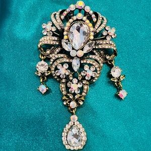 Vintage Brooch Pin Gold Tone AB Rhinestone Dangle Teardrop 4”